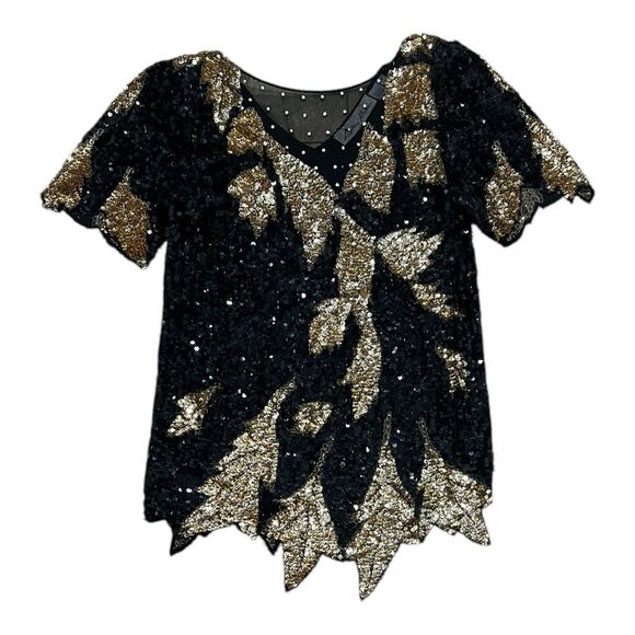 Lillie Rubin Vintage Black Gold Sequin Beaded Silk Blouse M - Picture 1 of 4